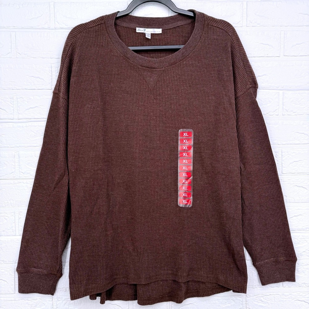 Seven7 Waffle Knit Thermal Top Womens XL Brown Long Sleeve Crew Neck Casual